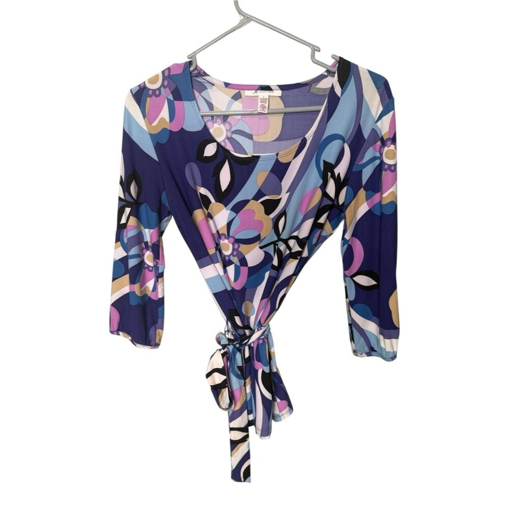 JM Collection Purple Floral Psychedelic Geo Tie Waist Top Size S